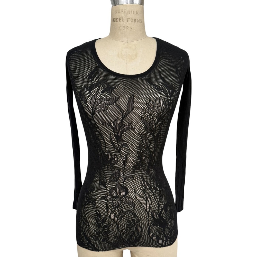 Wolford Black Floral Mesh Lace Virgin Wool Blend Long Sleeve Top Womens S Italy